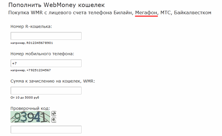 Рисунок 9. Форма заполнения заявки на пополнения счет Webmoney.