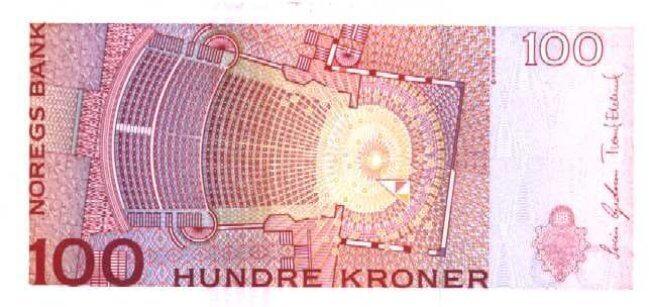 Обратная сторона норвежской кроны 100 NOK.