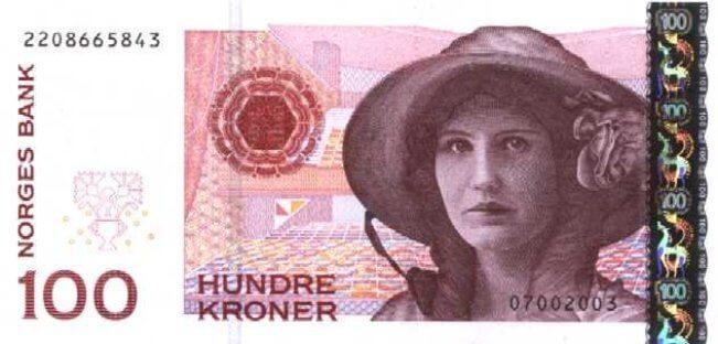 Лицевая сторона норвежской кроны 100 NOK.