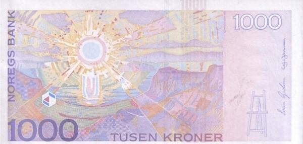 Обратная сторона норвежской кроны 1000 NOK.