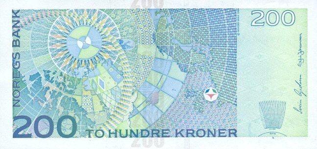 Обратная сторона норвежской кроны 200 NOK.
