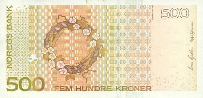 Обратная сторона норвежской кроны 500 NOK.