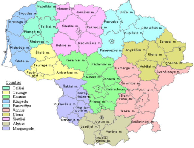 Рисунок 4. Административная карта страны (уезды выделены разными цветами)