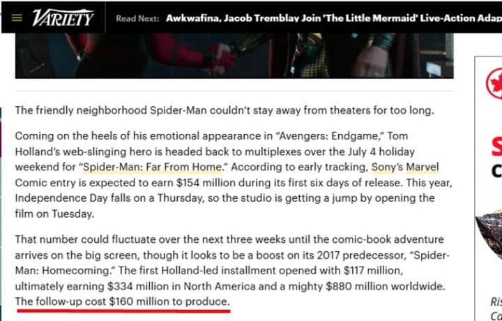 Рис. 1. Бюджет «Spider-Man: Far from Home» на сайте еженедельника Variety