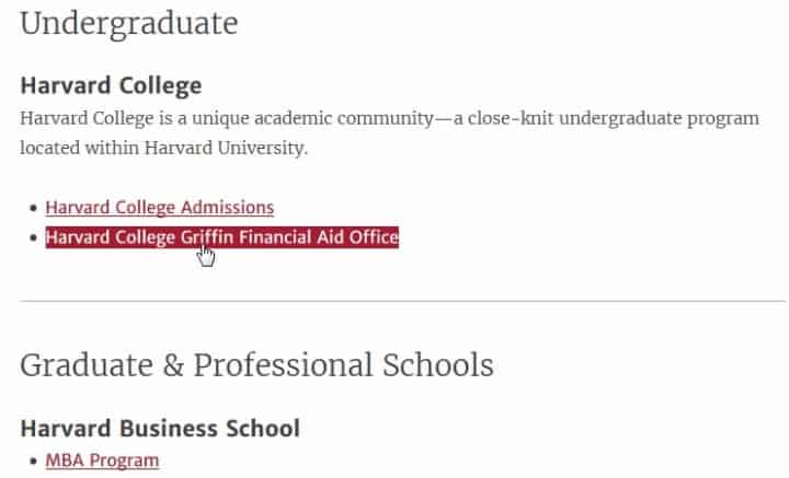Рис. 6. Переход по ссылке «Harvard College Griffin Financial Aid Office»