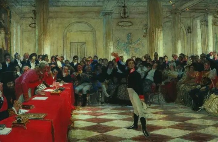 Скрин картины Репина. Пушкин выступает перед экзаменационной комиссией со стихотворением «Воспоминания в Царском Селе»